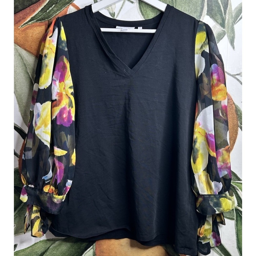 Chicos Medium‎ V Neck Sheer Floral Bow Tie Sleeves Cotton Blend
